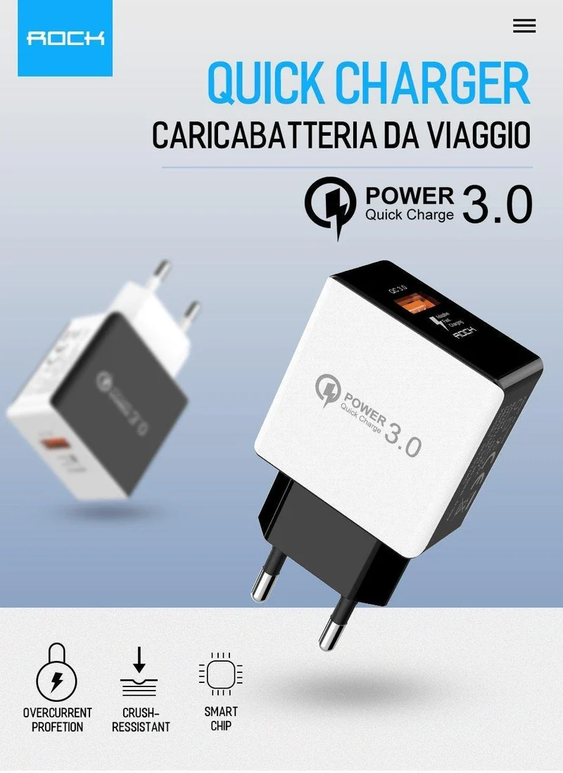 ROCK QC 3.0 USB-Schnellladegerät für Mobiltelefone, Reise-Wandadapter 18 W QC3.0 FCP Universal für Xiaomi iPhone Samsung Huawei EU-Stecker