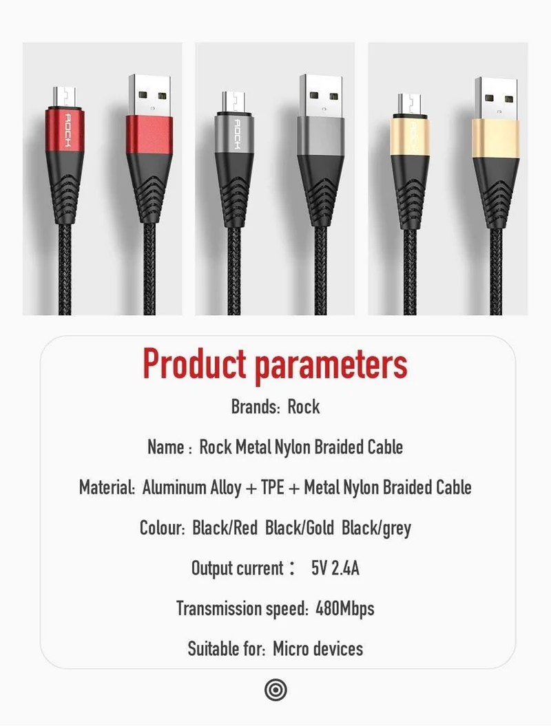 ROCK Metal Micro-USB-Kabel 2.4A für Samsung Xiaomi Redmi Note 5 Pro LG USB Nylon geflochten Schnellladedaten Ladetelefonladegerät