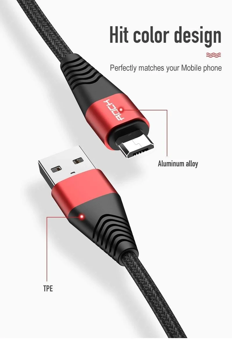 ROCK Metal Micro-USB-Kabel 2.4A für Samsung Xiaomi Redmi Note 5 Pro LG USB Nylon geflochten Schnellladedaten Ladetelefonladegerät