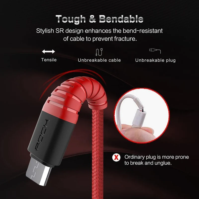 ROCK Hochfestes Micro-USB-Kabel für Samsung, Xiaomi, LG, USB-Schnellladedaten, geflochtenes Ladegerät, Android-Handy, 120 cm