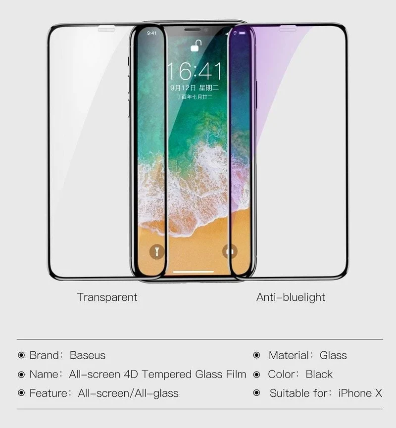 Baseus Gehärtetes Glas für iPhone X Displayschutz 4D-Oberfläche Vollflächiges Glas für iPhone X Frontfolie 0.3 mm Dünnfolie