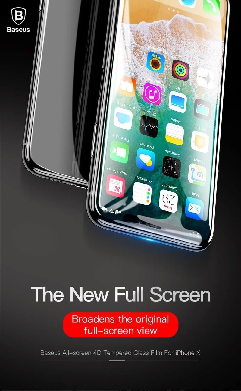 Baseus Gehärtetes Glas für iPhone X Displayschutz 4D-Oberfläche Vollflächiges Glas für iPhone X Frontfolie 0.3 mm Dünnfolie