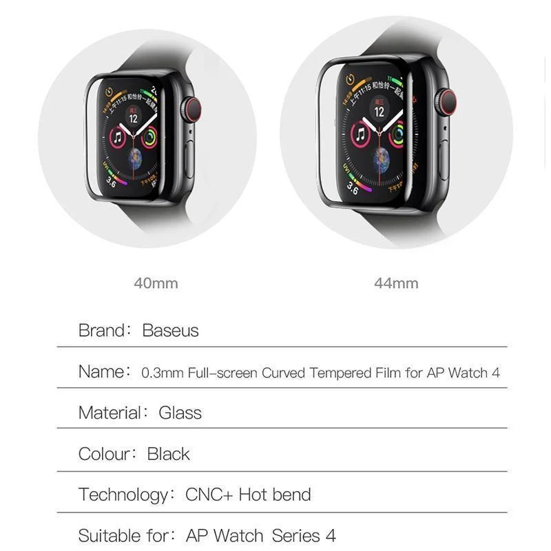 Baseus 0.3 mm Schutzglas für Apple Watch 4, vollständige Abdeckung, gehärtetes Glas für iWatch 4, Displayschutz, kratzfeste Folie 9H