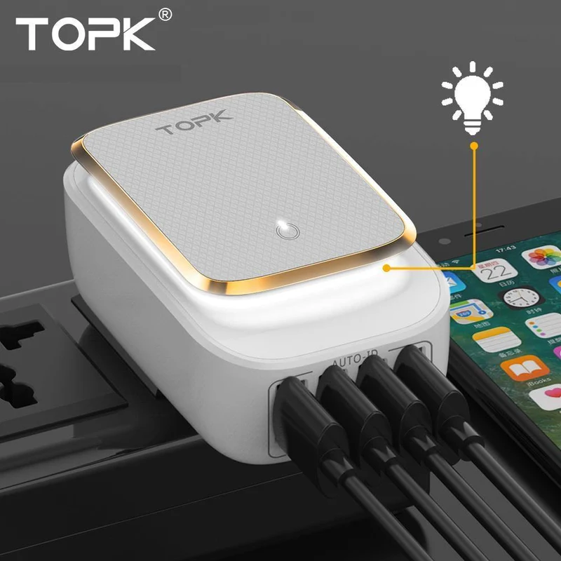 TOPK L-Power 4-Port 4.4 A (max.) 22 W EU-USB-Ladeadapter LED-Lampe Auto-ID Tragbares Reise-Wandladegerät für Telefon für iPhone Samsung