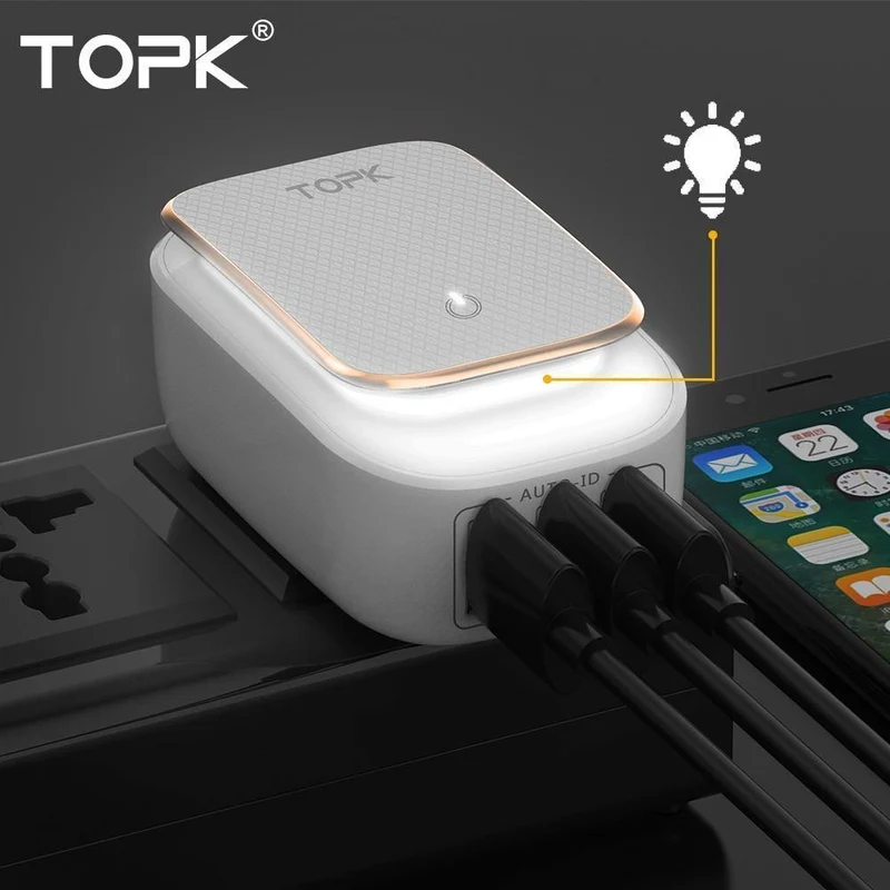 TOPK 3-Port-Handy-Ladegerät 5 V 3.4 A (Max) Reise-USB-Ladegerät für iPhone Xs Max 8 Samusung Telefon-Ladegerät LED-Lampe US EU AU UK