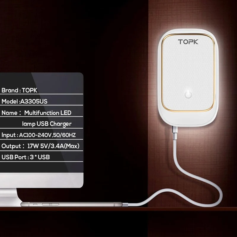 TOPK 3-Port-Handy-Ladegerät 5 V 3.4 A (Max) Reise-USB-Ladegerät für iPhone Xs Max 8 Samusung Telefon-Ladegerät LED-Lampe US EU AU UK