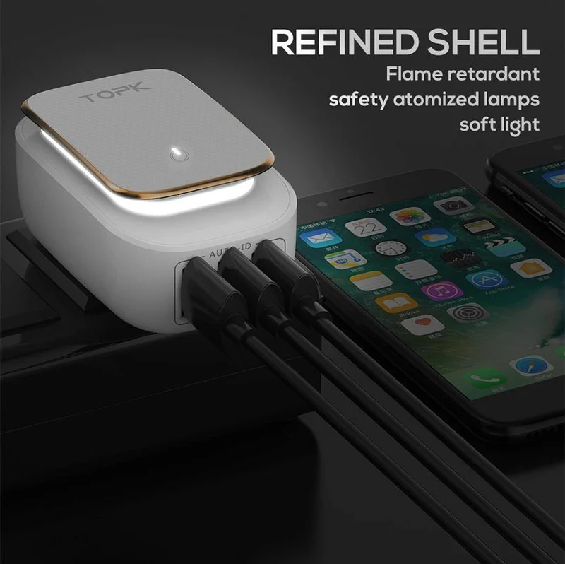 TOPK 3-Port-Handy-Ladegerät 5 V 3.4 A (Max) Reise-USB-Ladegerät für iPhone Xs Max 8 Samusung Telefon-Ladegerät LED-Lampe US EU AU UK