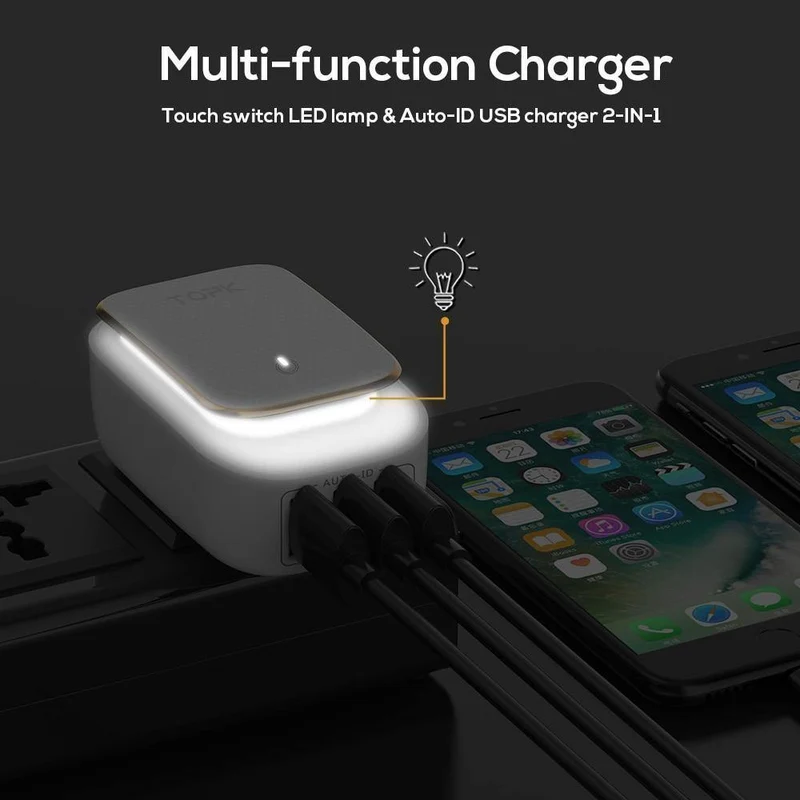 TOPK 3-Port-Handy-Ladegerät 5 V 3.4 A (Max) Reise-USB-Ladegerät für iPhone Xs Max 8 Samusung Telefon-Ladegerät LED-Lampe US EU AU UK