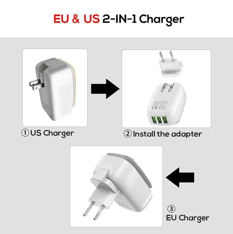 TOPK 3-Port-Handy-Ladegerät 5 V 3.4 A (Max) Reise-USB-Ladegerät für iPhone Xs Max 8 Samusung Telefon-Ladegerät LED-Lampe US EU AU UK