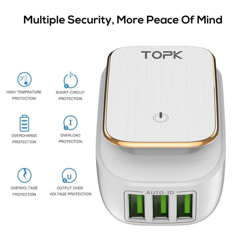 TOPK 3-Port-Handy-Ladegerät 5 V 3.4 A (Max) Reise-USB-Ladegerät für iPhone Xs Max 8 Samusung Telefon-Ladegerät LED-Lampe US EU AU UK