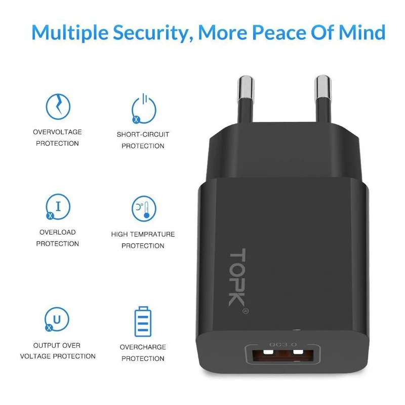 TOPK 18W Quick Charge 3.0 USB-Ladegerät für iPhone Samsung Xiaomi Huawei Handy-Ladegerät