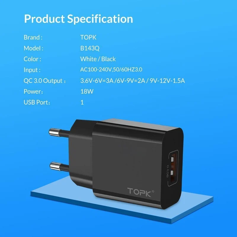 TOPK 18W Quick Charge 3.0 USB-Ladegerät für iPhone Samsung Xiaomi Huawei Handy-Ladegerät