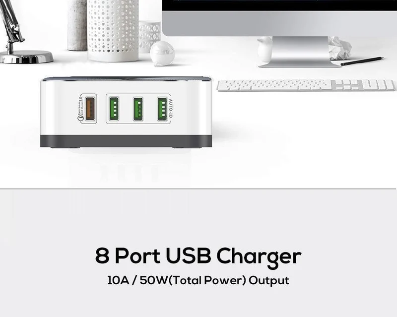 TOPK 8-Port 50W Quick Charge 3.0 USB-Ladegerät für iPhone Samsung Xiaomi Huawei EU US UK AU Stecker Desktop-Schnellladegerät für Mobiltelefone
