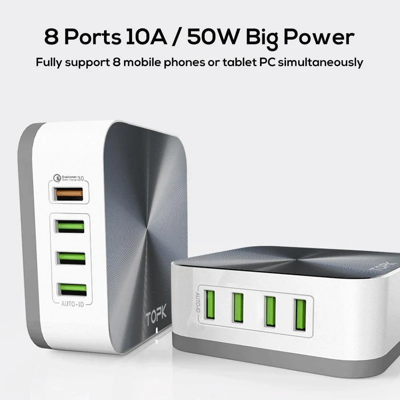TOPK 8-Port 50W Quick Charge 3.0 USB-Ladegerät für iPhone Samsung Xiaomi Huawei EU US UK AU Stecker Desktop-Schnellladegerät für Mobiltelefone