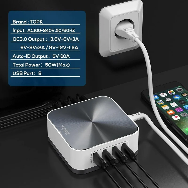 TOPK 8-Port 50W Quick Charge 3.0 USB-Ladegerät für iPhone Samsung Xiaomi Huawei EU US UK AU Stecker Desktop-Schnellladegerät für Mobiltelefone