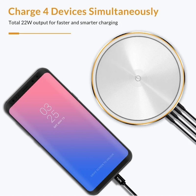TOPK 22W Auto-ID 4-Port USB-Ladegerät Dimmbare Smart LED Schreibtischlampe Desktop-Ladegerät für iPhone Samsung Xiaomi Handy-Ladegerät