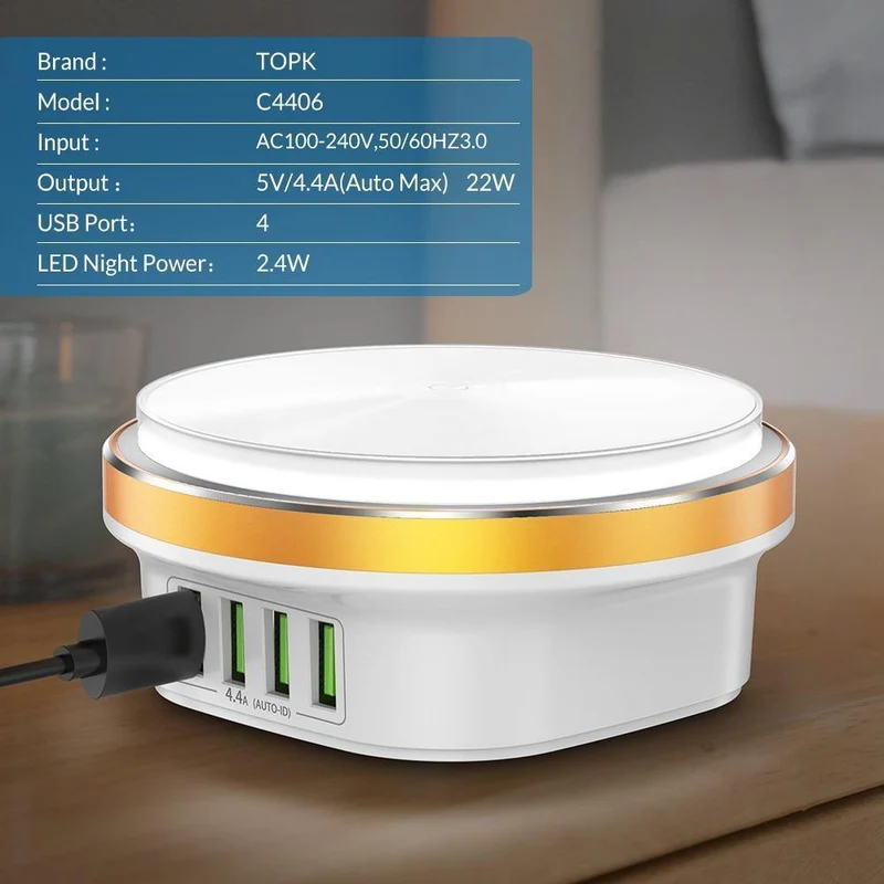 TOPK 22W Auto-ID 4-Port USB-Ladegerät Dimmbare Smart LED Schreibtischlampe Desktop-Ladegerät für iPhone Samsung Xiaomi Handy-Ladegerät