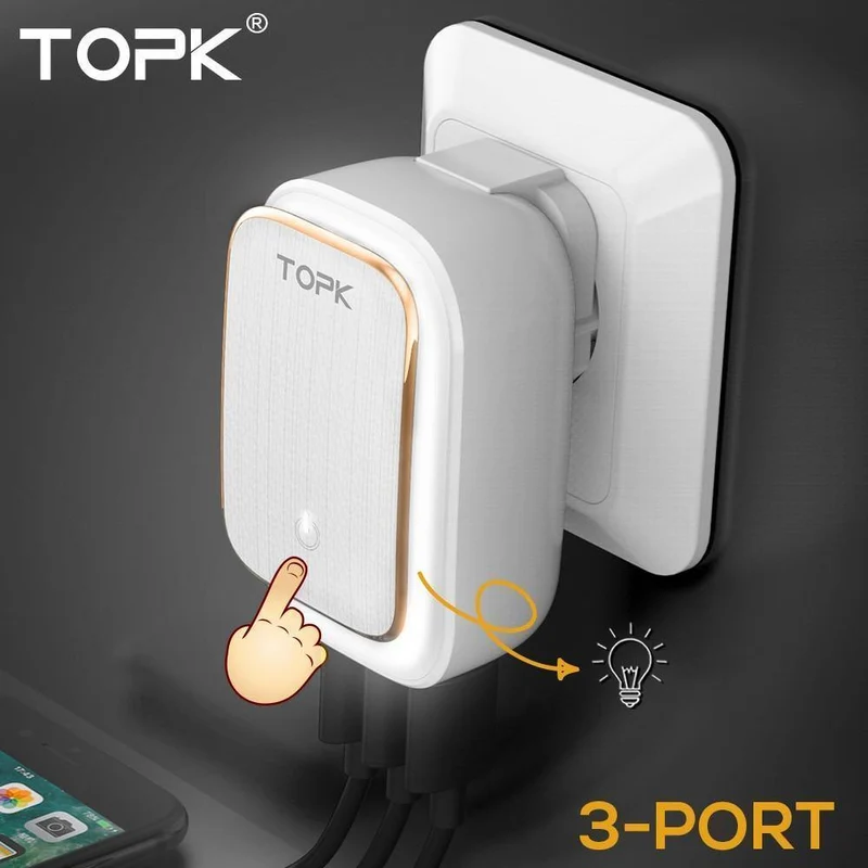 TOPK 5 V 3.4 A (max.) 3-Port-LED-Lampe USB-Ladeadapter 2-IN-1 Reisewand EU & US Auto-ID Handyladegerät für iPhone Samsung