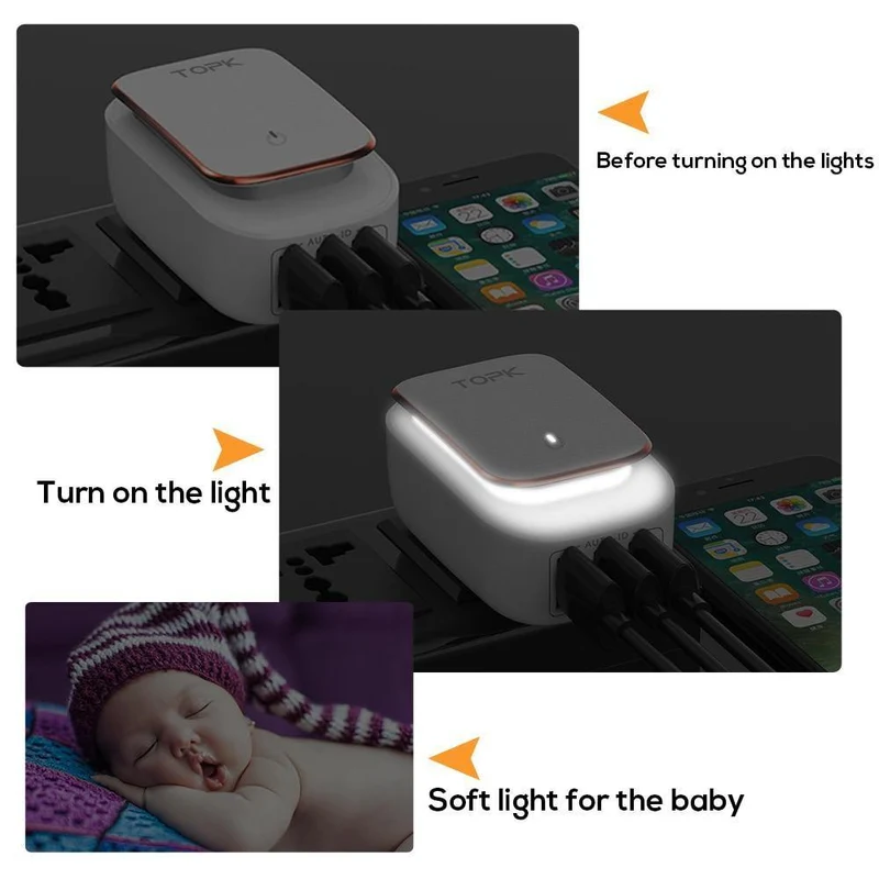 TOPK 5 V 3.4 A (max.) 3-Port-LED-Lampe USB-Ladeadapter 2-IN-1 Reisewand EU & US Auto-ID Handyladegerät für iPhone Samsung