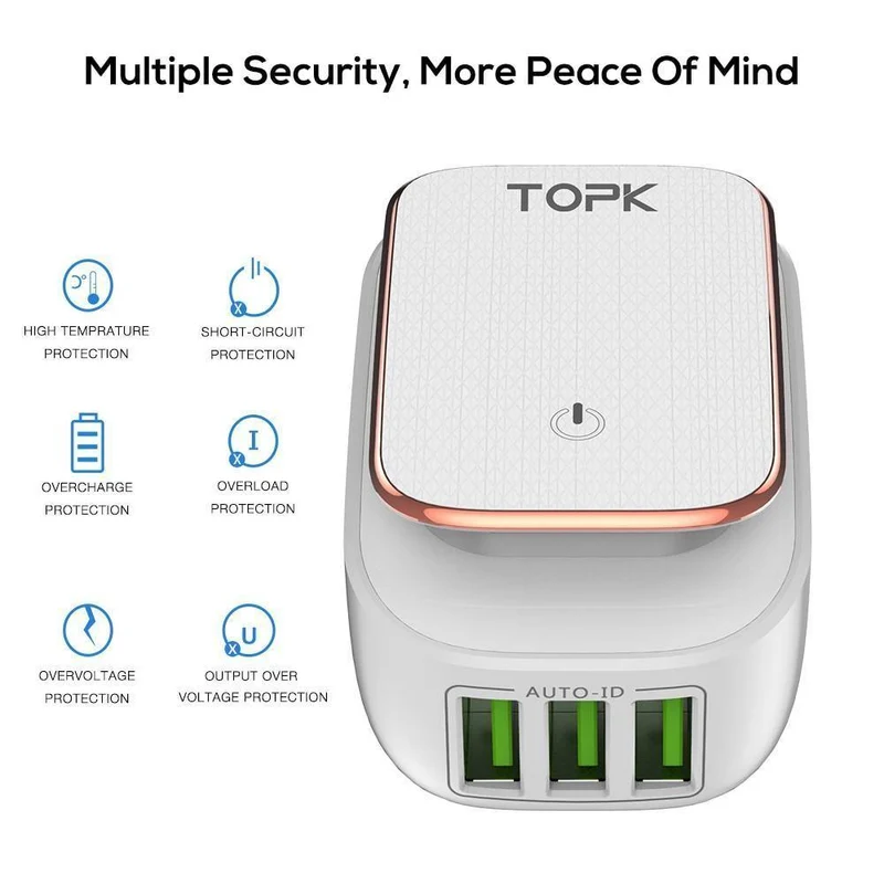 TOPK Multi-Port USB-Ladegerät LED-Lampe Auto-ID Handy-Ladegerät Tragbarer Tarvel EU & US Stecker Wandladegerät Adapter