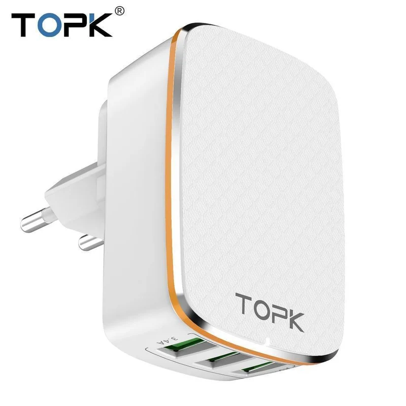 TOPK 3-Port 5V/3.4A 17W Auto-ID EU&US 2-IN-1 Reise-Wand-Handy-USB-Ladeadapter für iPhone Samsung Xiaomi Huawei