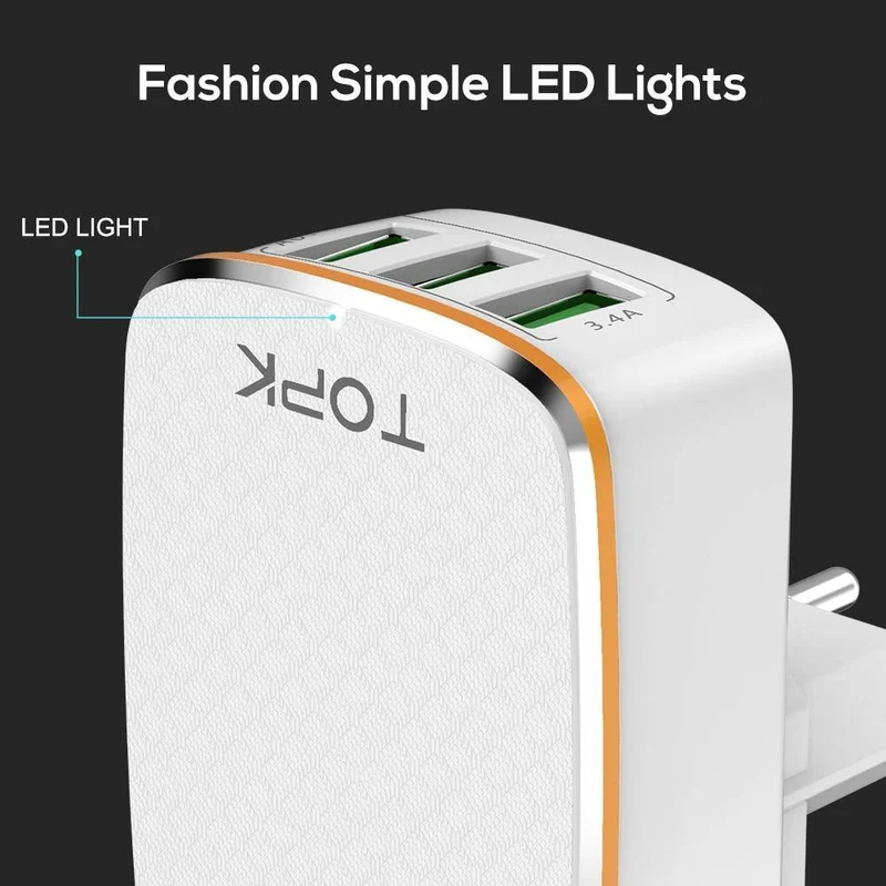 TOPK 3-Port 5V/3.4A 17W Auto-ID EU&US 2-IN-1 Reise-Wand-Handy-USB-Ladeadapter für iPhone Samsung Xiaomi Huawei
