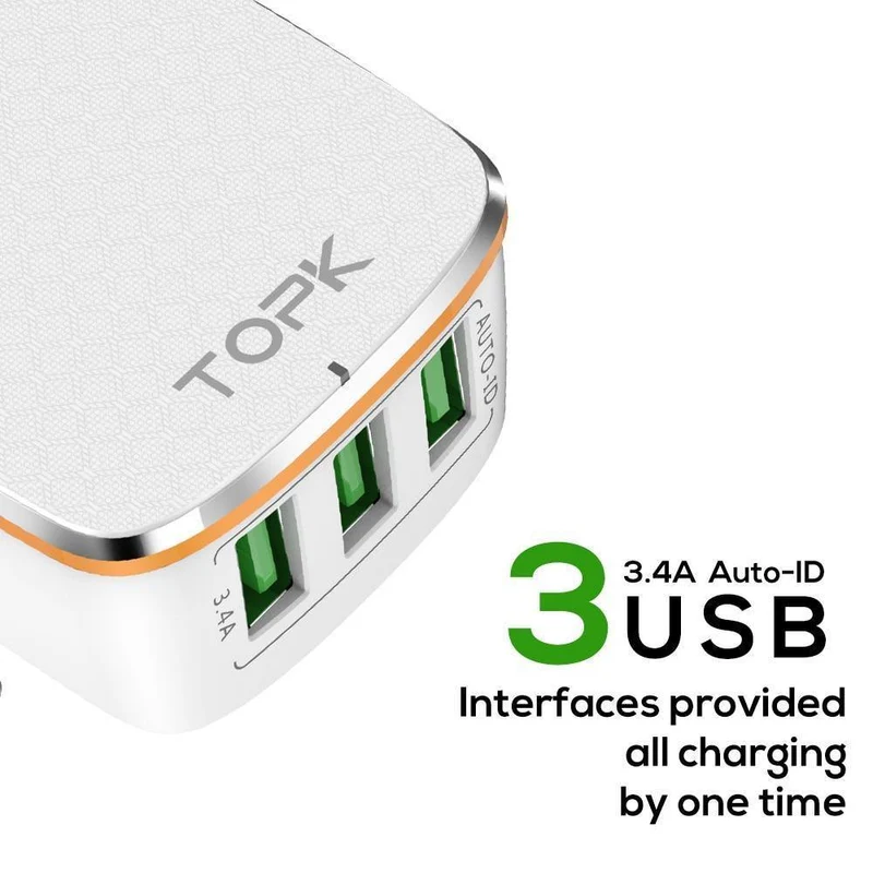 TOPK 3-Port 5V/3.4A 17W Auto-ID EU&US 2-IN-1 Reise-Wand-Handy-USB-Ladeadapter für iPhone Samsung Xiaomi Huawei