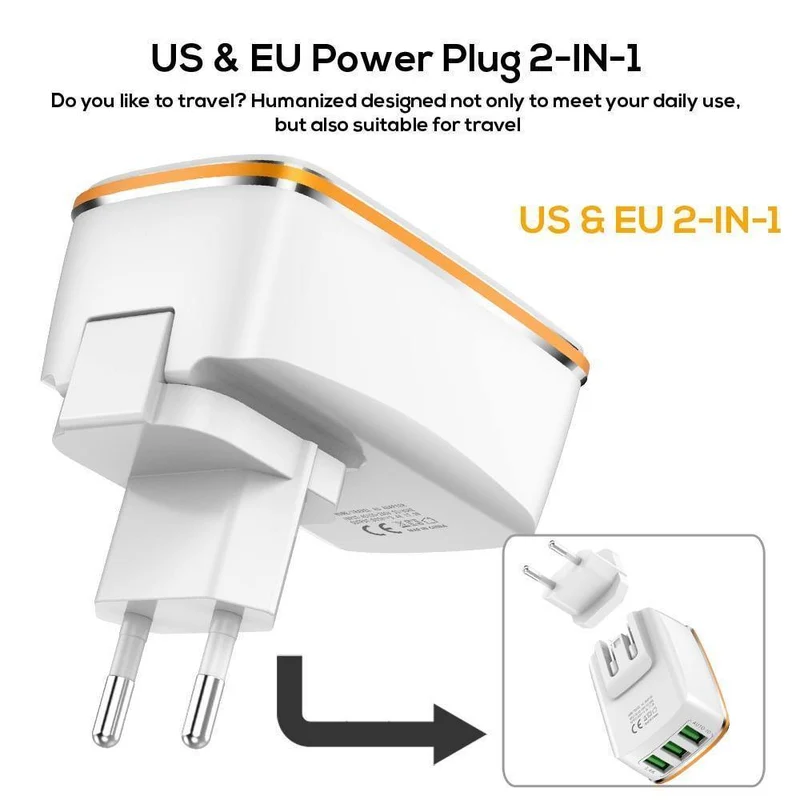 TOPK 3-Port 5V/3.4A 17W Auto-ID EU&US 2-IN-1 Reise-Wand-Handy-USB-Ladeadapter für iPhone Samsung Xiaomi Huawei
