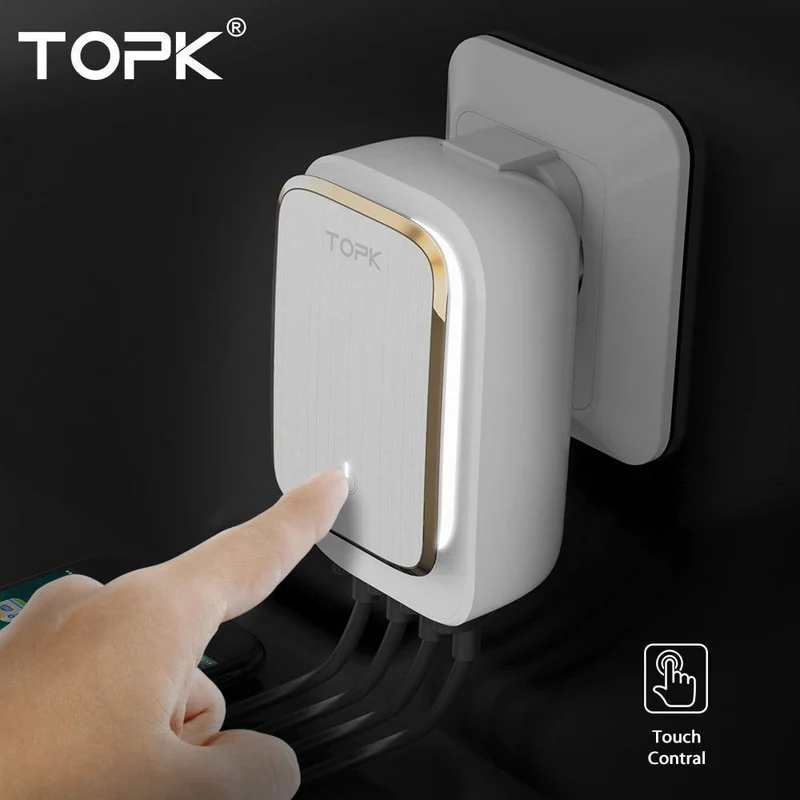 TOPK L-Power 4-Port EU/US/UK/AU Stecker 22W USB Ladegerät LED Lampe Auto-ID Reise Wandadapter Universal Handy Ladegerät