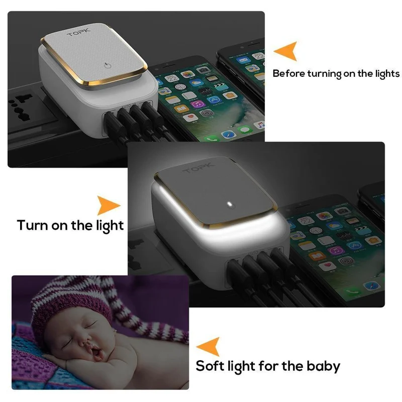 TOPK L-Power 4-Port EU/US/UK/AU Stecker 22W USB Ladegerät LED Lampe Auto-ID Reise Wandadapter Universal Handy Ladegerät