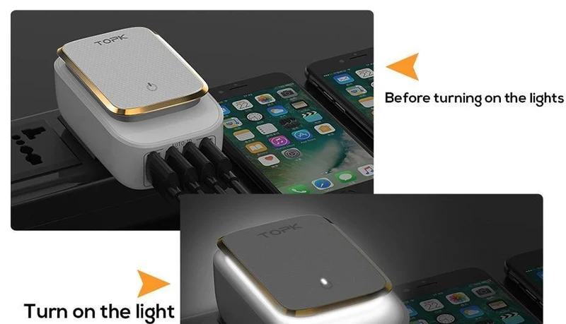 TOPK L-Power 4-Port EU/US/UK/AU Stecker 22W USB Ladegerät LED Lampe Auto-ID Reise Wandadapter Universal Handy Ladegerät