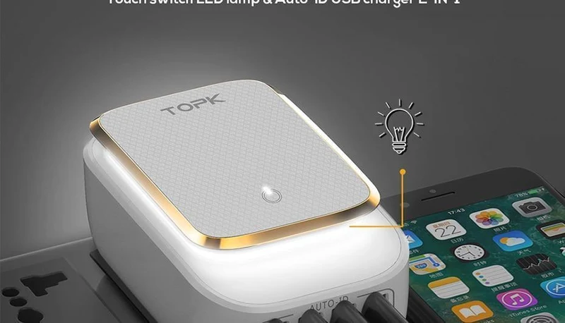 TOPK L-Power 4-Port EU/US/UK/AU Stecker 22W USB Ladegerät LED Lampe Auto-ID Reise Wandadapter Universal Handy Ladegerät
