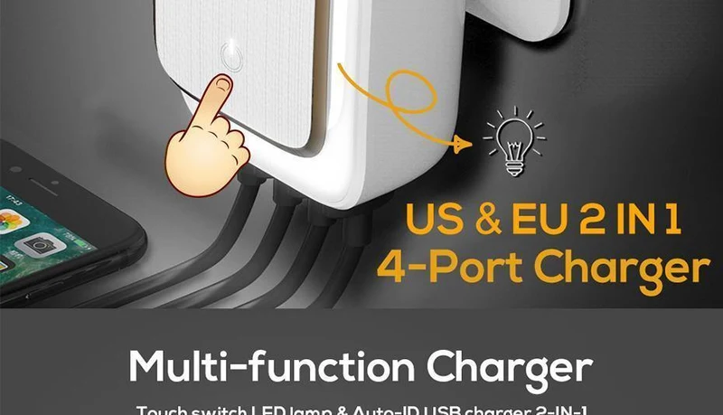 TOPK L-Power 4-Port EU/US/UK/AU Stecker 22W USB Ladegerät LED Lampe Auto-ID Reise Wandadapter Universal Handy Ladegerät