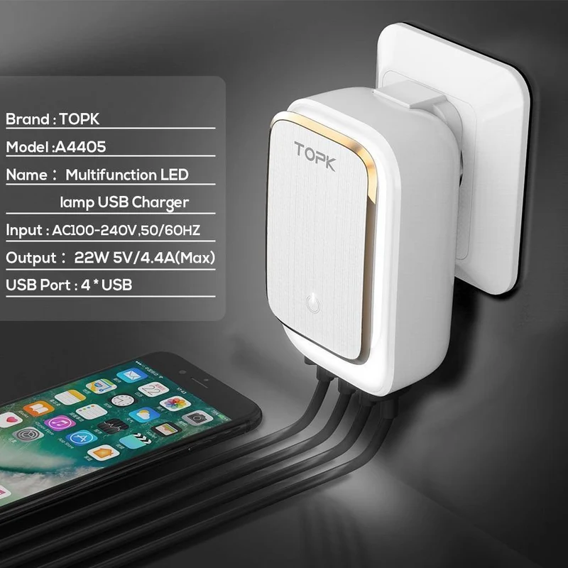 TOPK L-Power 4-Port EU/US/UK/AU Stecker 22W USB Ladegerät LED Lampe Auto-ID Reise Wandadapter Universal Handy Ladegerät
