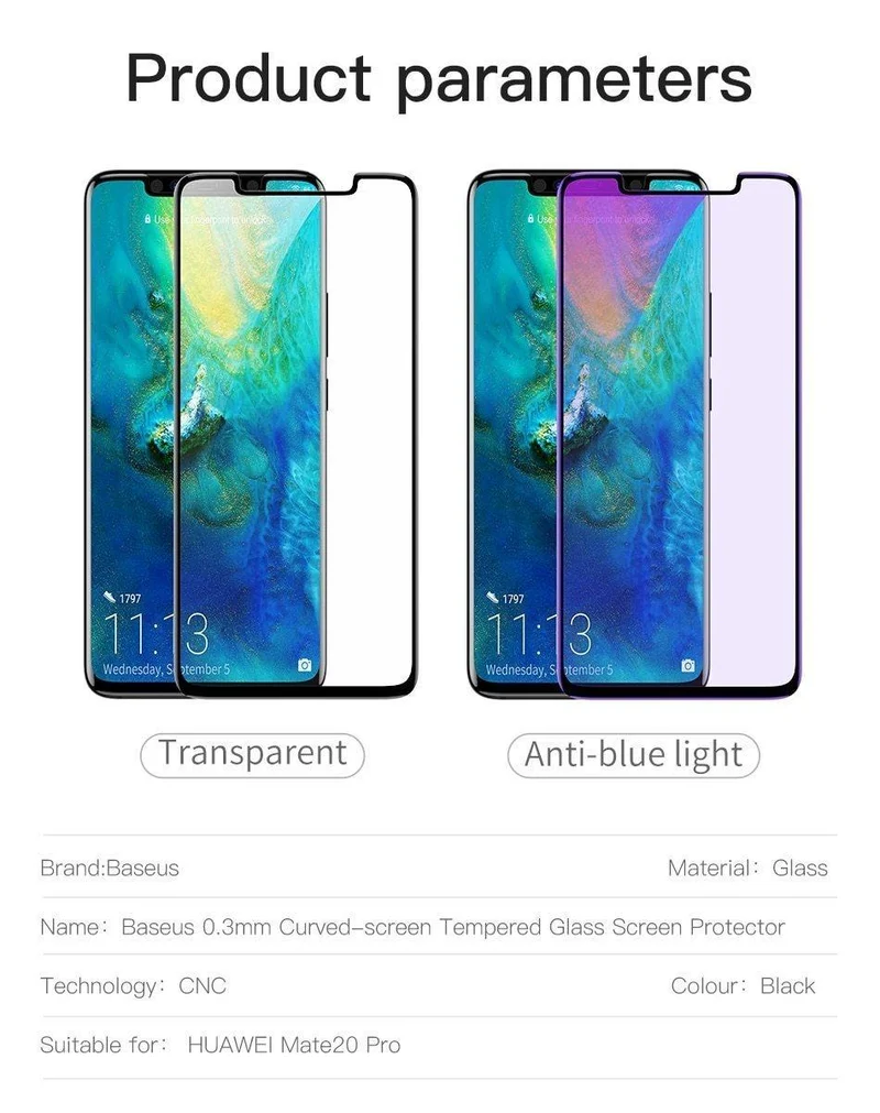 Baseus 0.3 mm Displayschutz aus gehärtetem Glas für Huawei Mate 20 Pro, vollständige Abdeckung, gebogene Hartglasfolie für Huawei Mate20