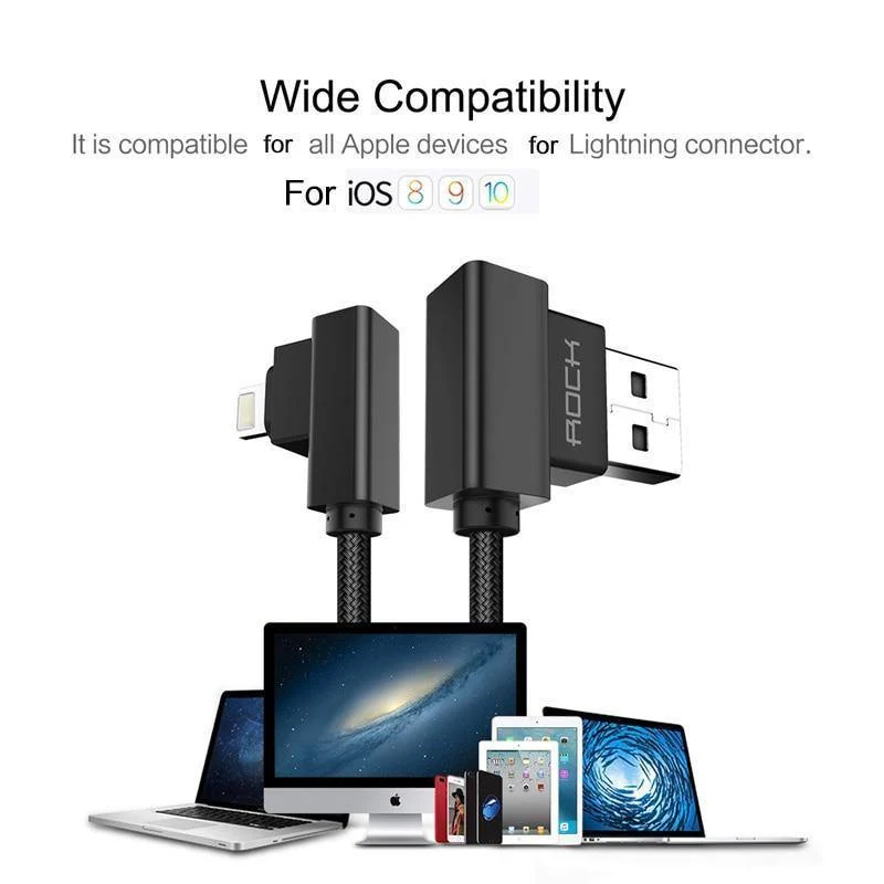 ROCK Handy-USB-Kabel für iPhone X 8 7 6 5 Plus 90 Grad rechtwinklig 2.1A Schnellladegerät Sync-Kabel für iPad 2 3 4 Air Pro
