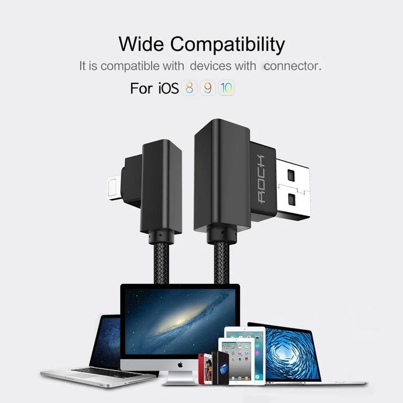 ROCK Handy-USB-Kabel für iPhone X 8 7 6 5 Plus 90 Grad rechtwinklig 2.1A Schnellladegerät Sync-Kabel für iPad 2 3 4 Air Pro