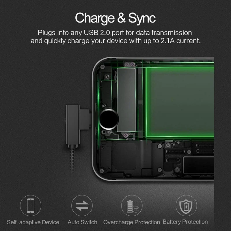 ROCK Handy-USB-Kabel für iPhone X 8 7 6 5 Plus 90 Grad rechtwinklig 2.1A Schnellladegerät Sync-Kabel für iPad 2 3 4 Air Pro