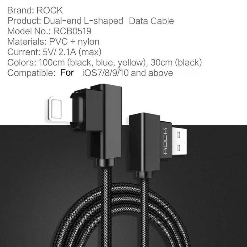ROCK Handy-USB-Kabel für iPhone X 8 7 6 5 Plus 90 Grad rechtwinklig 2.1A Schnellladegerät Sync-Kabel für iPad 2 3 4 Air Pro