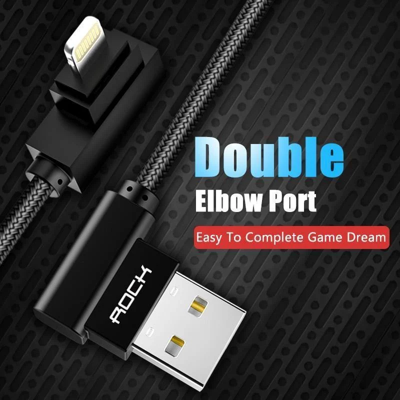 ROCK Handy-USB-Kabel für iPhone X 8 7 6 5 Plus 90 Grad rechtwinklig 2.1A Schnellladegerät Sync-Kabel für iPad 2 3 4 Air Pro
