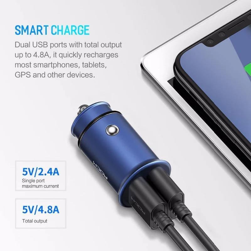 ROCK Mini Dual USB Autoladegerät für Telefon 5V4.8A 2 Port USB Schnellladegerät für iPhone X 8 7 6 Samsung Huawei Xiaomi usw