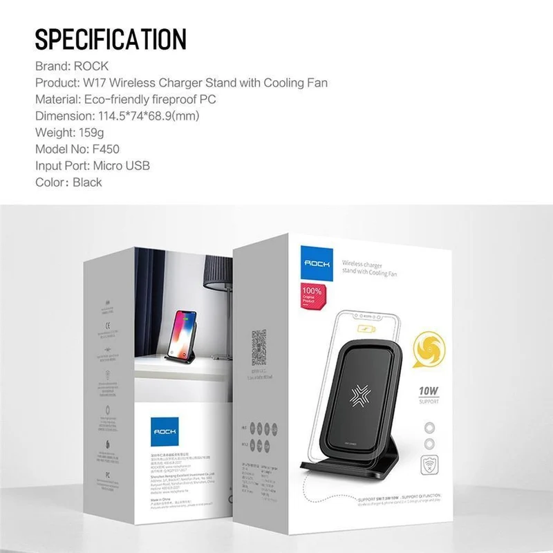 ROCK 7.5 W/10 W Qi Kabelloses Ladegerät mit Lüfter für iPhone XS MAX XR X Samsung Galaxy S9 8 Note 9 Schnellladegerät-Halter