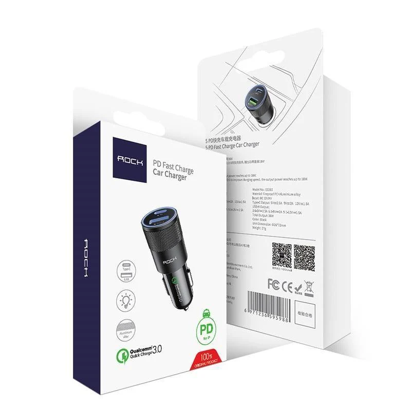 Rock USB Typ C PD Autotelefonladegerät für iPhone X Quick Charge 3.0 QC3.0 36W USB-Autoladegerät für Samsung Galaxy Huawei Xiaomi