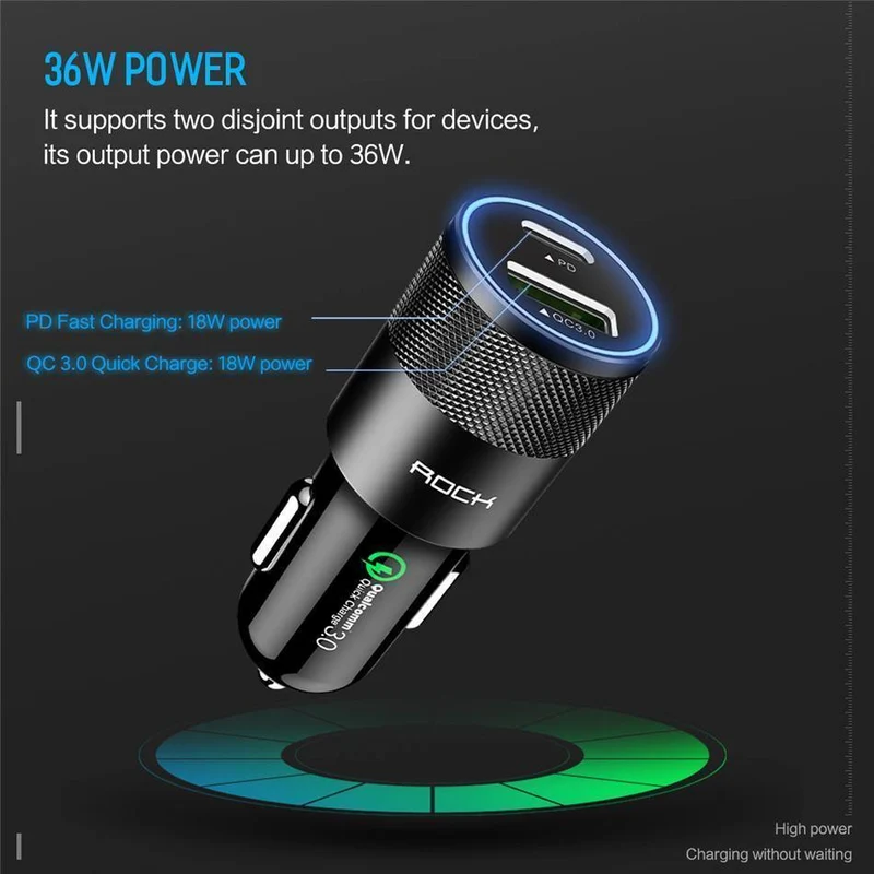 Rock USB Typ C PD Autotelefonladegerät für iPhone X Quick Charge 3.0 QC3.0 36W USB-Autoladegerät für Samsung Galaxy Huawei Xiaomi