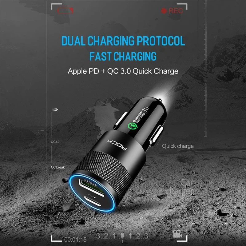 Rock USB Typ C PD Autotelefonladegerät für iPhone X Quick Charge 3.0 QC3.0 36W USB-Autoladegerät für Samsung Galaxy Huawei Xiaomi