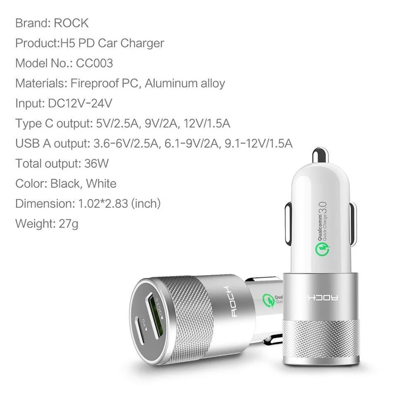 Rock USB Typ C PD Autotelefonladegerät für iPhone X Quick Charge 3.0 QC3.0 36W USB-Autoladegerät für Samsung Galaxy Huawei Xiaomi
