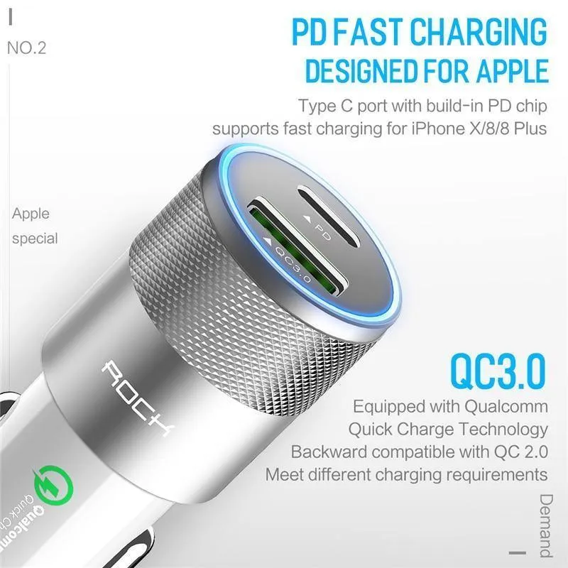 Rock USB Typ C PD Autotelefonladegerät für iPhone X Quick Charge 3.0 QC3.0 36W USB-Autoladegerät für Samsung Galaxy Huawei Xiaomi