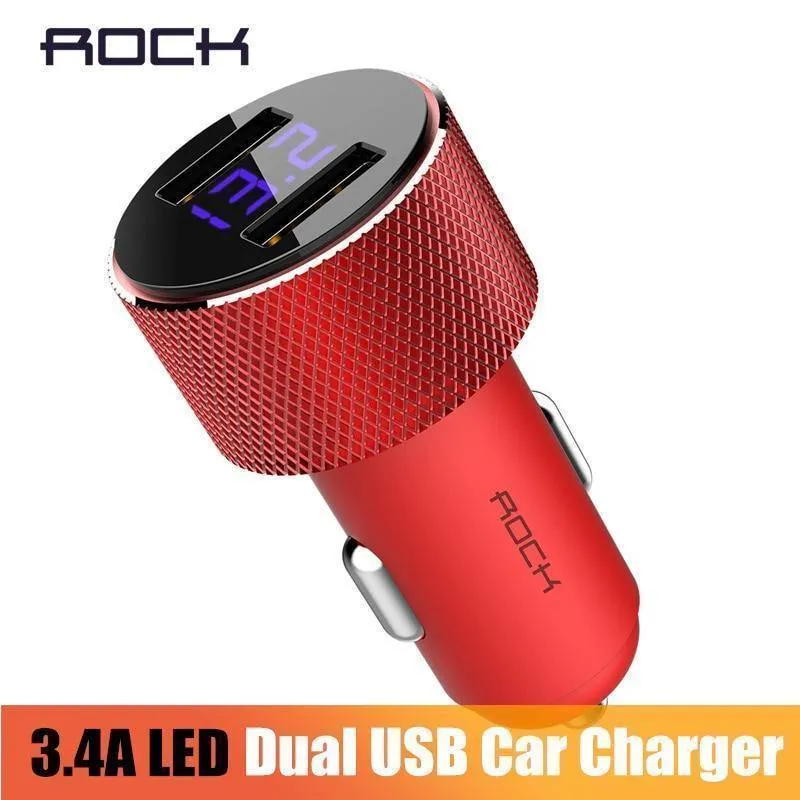 LCD-Digitalanzeige, Dual-USB-Autoladegerät, ROCK Universal 3.4A LED 2 USB-Autoladegerät-Adapter für Mobiltelefone für Tablet-PC