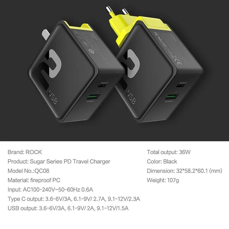 PD-Schnelllade-USB-Ladegerät für iPhone X 8 plus, ROCK 36 W Quick Charge 3.0 Dual-USB-Ladegerät QC3.0 & PD & FCP Schnellladung
