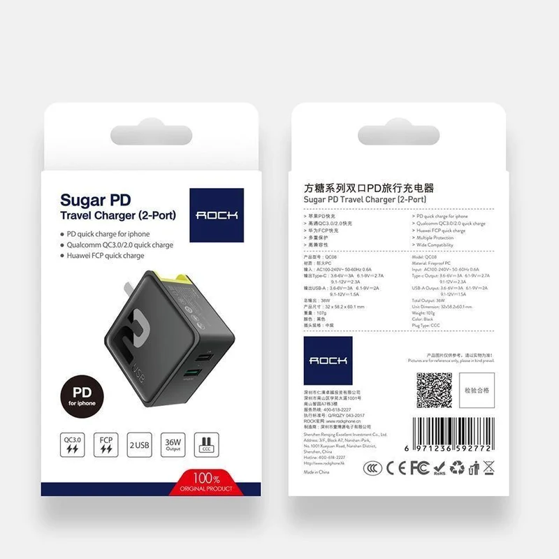 PD-Schnelllade-USB-Ladegerät für iPhone X 8 plus, ROCK 36 W Quick Charge 3.0 Dual-USB-Ladegerät QC3.0 & PD & FCP Schnellladung